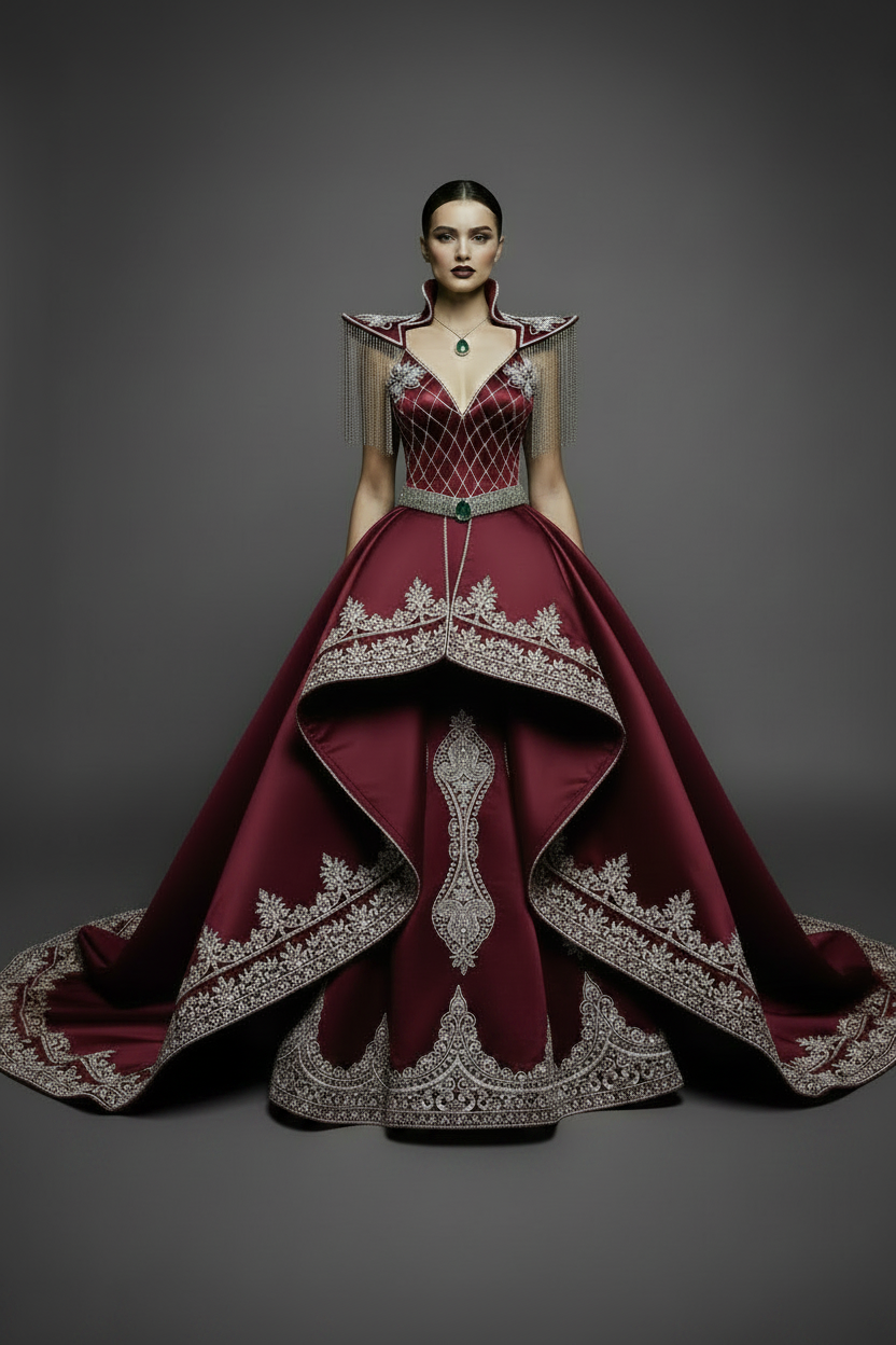Bordo Kaftan - Gümüş İşleme