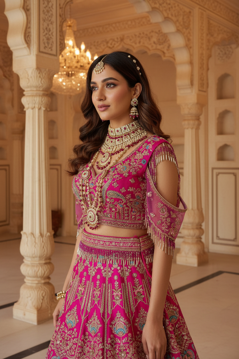Fuşya Lehenga - Bluz & Kol Detayı