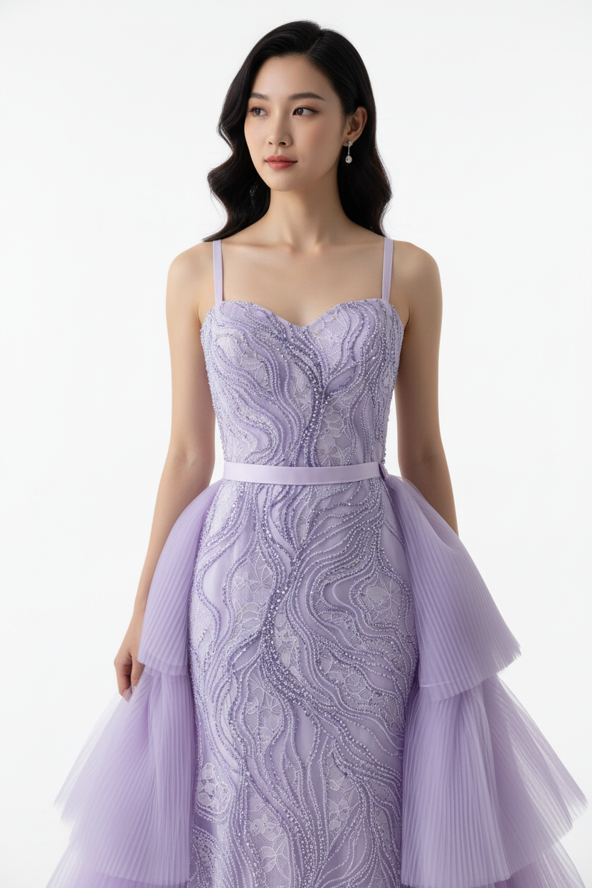 Model in lavender gown showing beaded lace bodice and satin sash detail