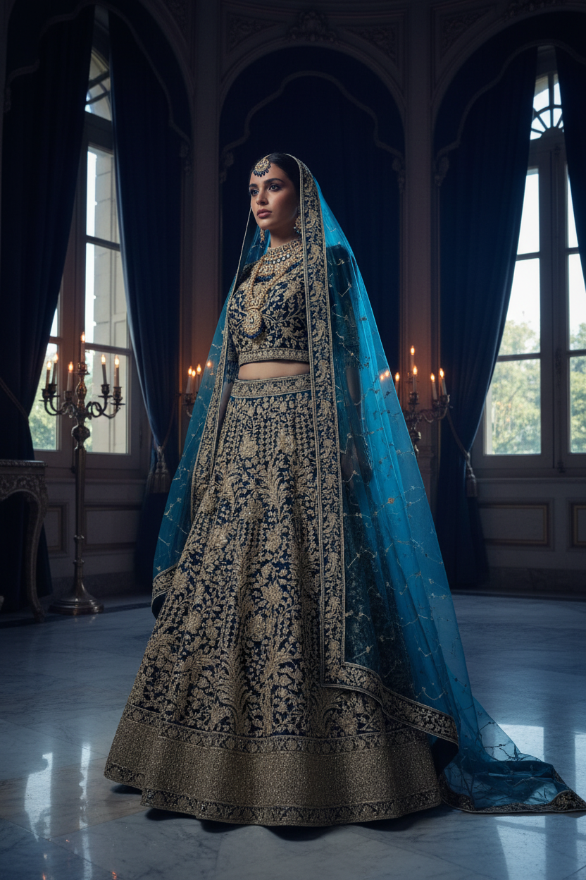 Lacivert bridal lehenga — üç çeyrek açı, kraliyet sarayı sinematik çekim