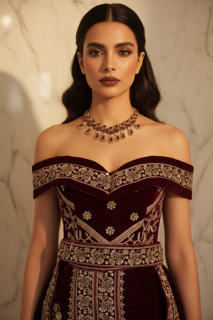 Close-up of sweetheart neckline and gold zardozi embroidered bodice on burgundy velvet bridal gown