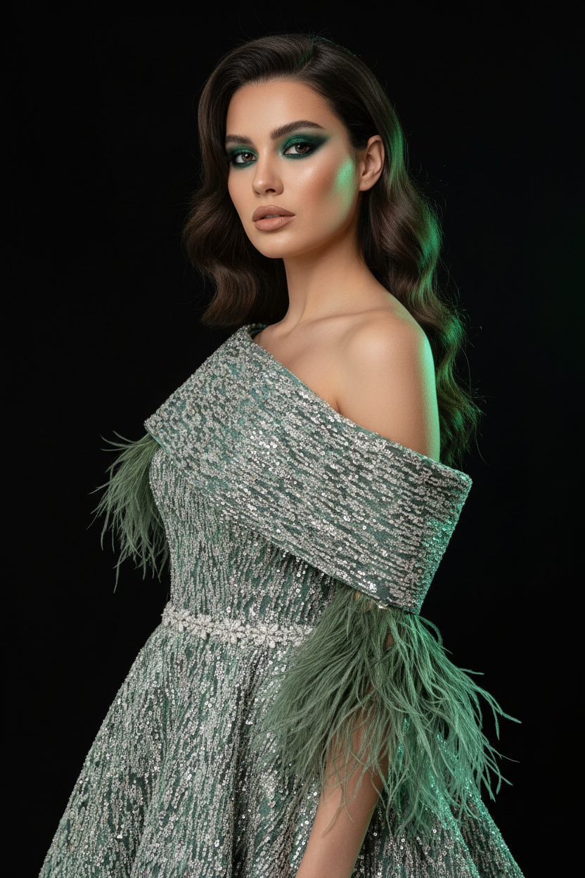 Adaçayı yeşili pul pul balo elbisesi — bel üstü portre, omuz drape ve kristal kemer