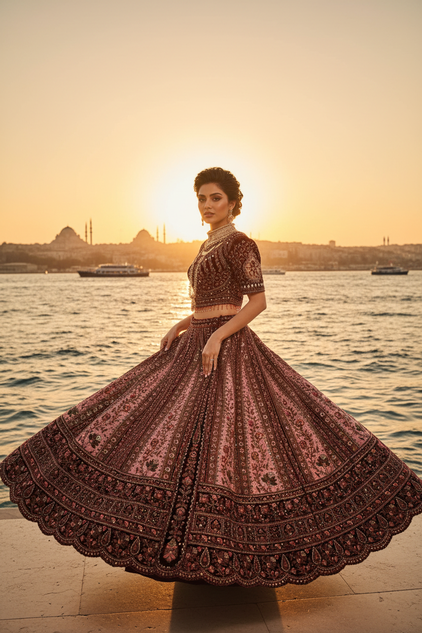 Bordo Lehenga – Türk Model Boğaz Gün Batımı