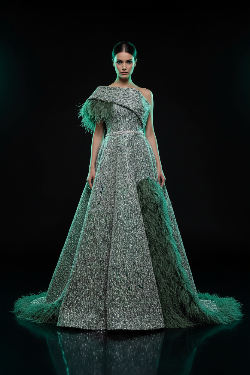 Adaçayı yeşili pul pul balo elbisesi — sinematik ön çekim, Türk model