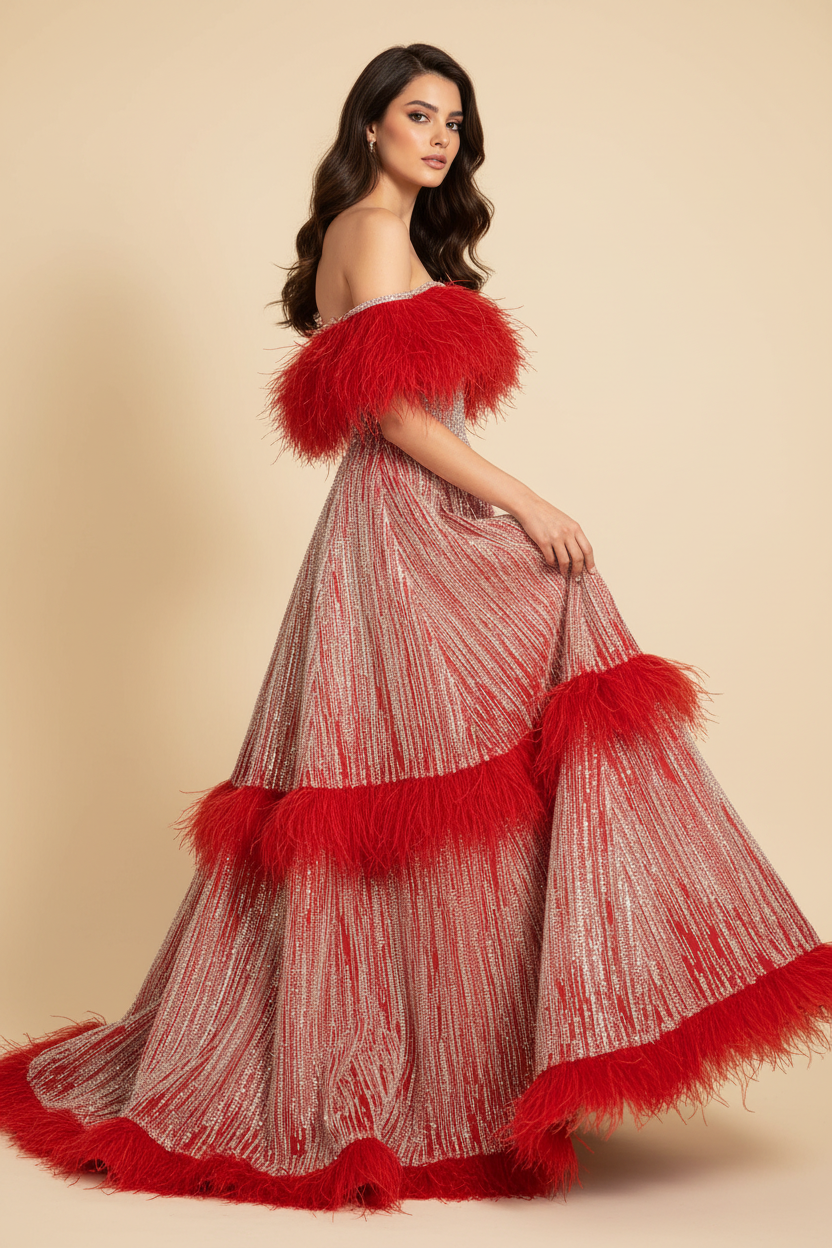 Side view of Turkish model in red feather crystal fringe ball gown showing full silhouette