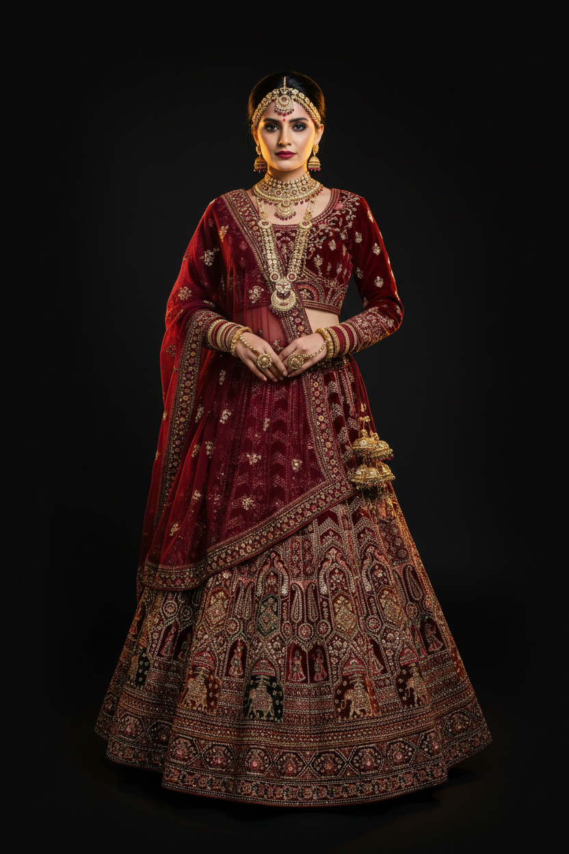 Bordo kadife lehenga — sinematik ön çekim, Türk model