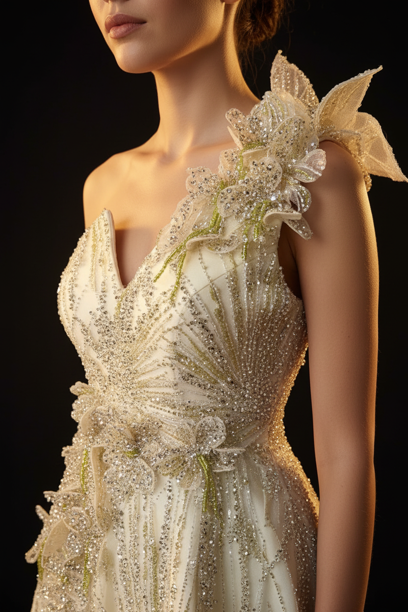 Crystal Celestial Couture Gown - close-up of shoulder floral appliqué and crystal bodice