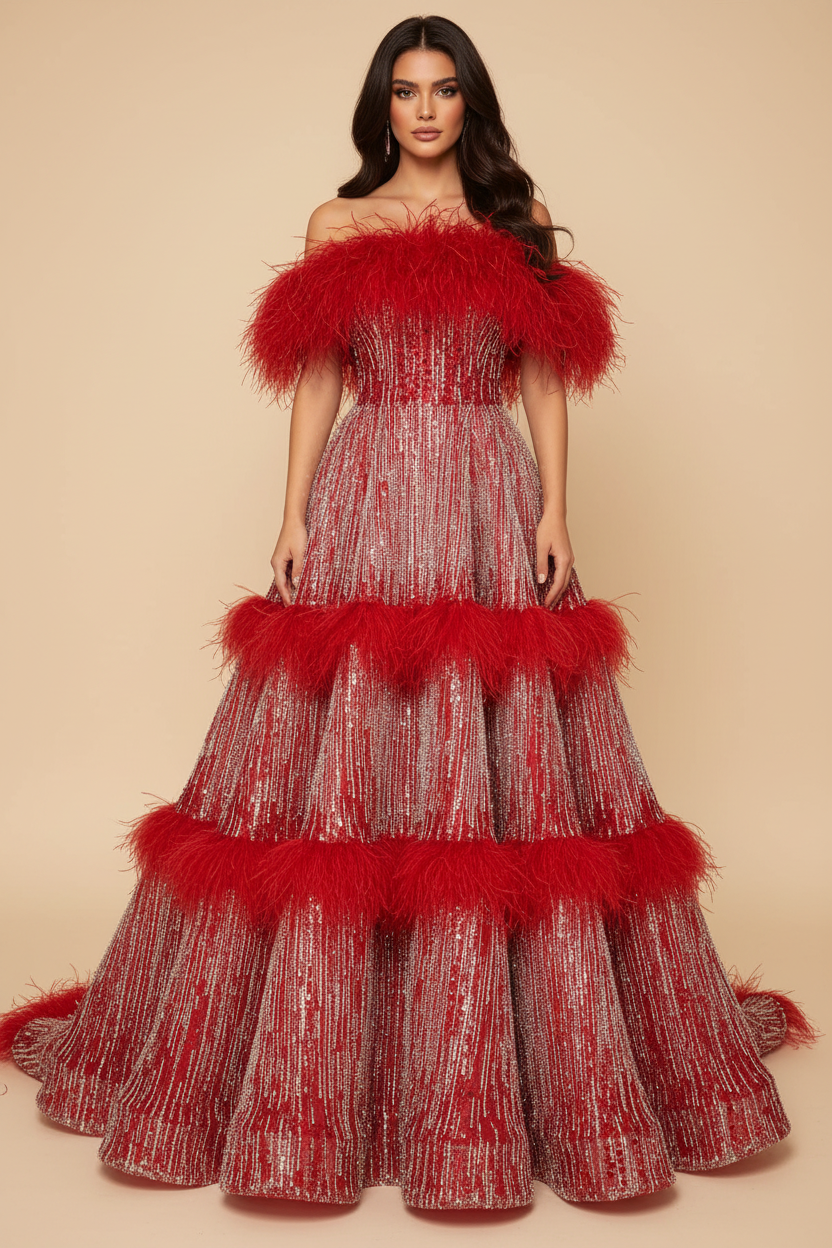 Detail shot of three red ostrich feather tier bands on crystal fringe ball gown skirt