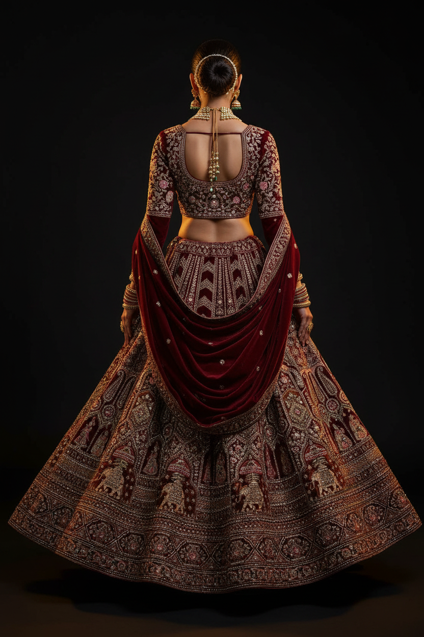 Bordo kadife lehenga — arka görünüm, dupatta ve etek yayılımı