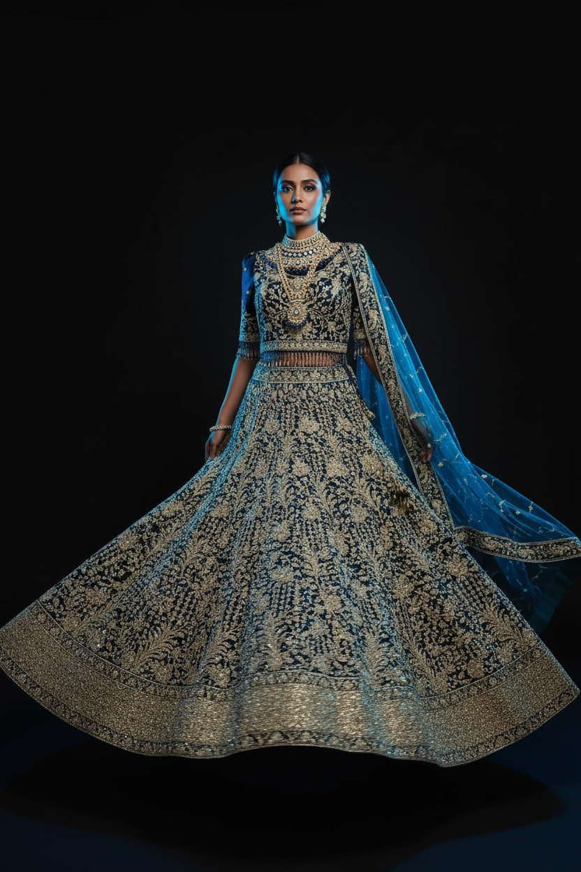 Lacivert Kraliyet Bridal Lehenga — Altın Zardozi
