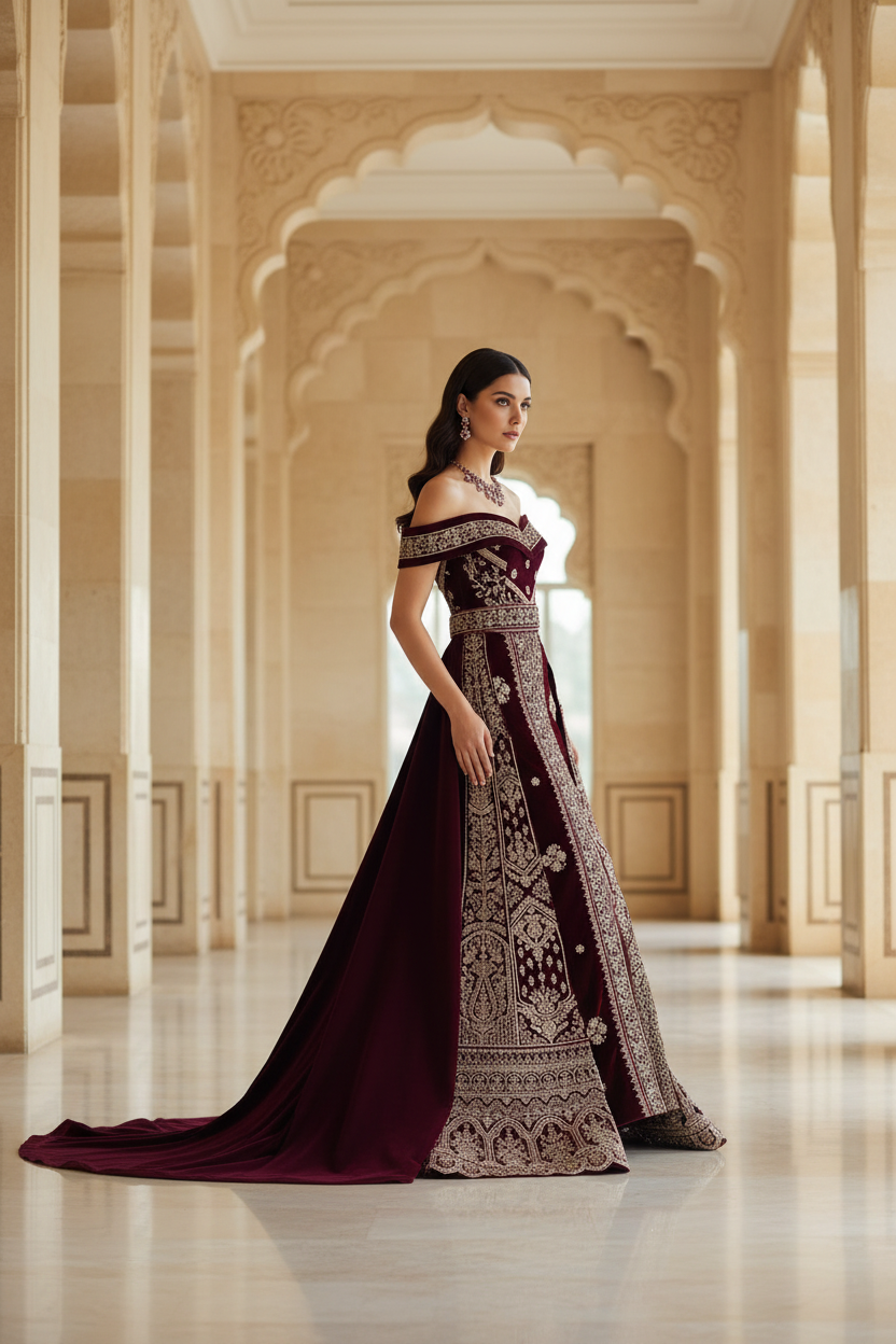 Side view of model in burgundy velvet zardozi bridal gown showing full silhouette and detachable overskirt