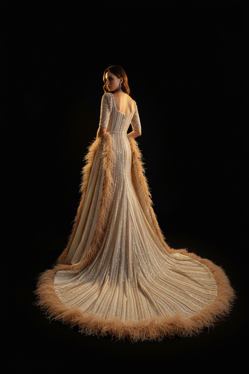 Altın tüy couture abiye — arka görünüm, katedral kuyruk