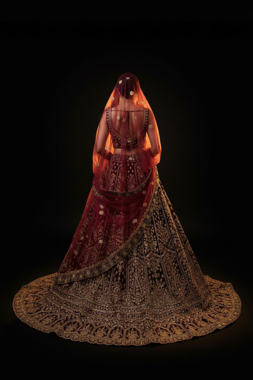 Bordo V yaka lehenga — arka görünüm, etek yayılımı