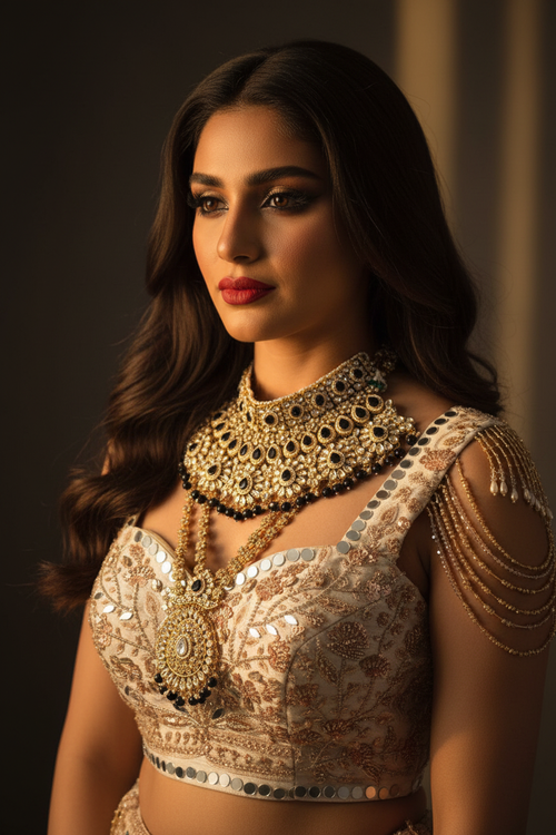 Fildiş Lehenga Seti – Dramatik Portre Yakın Çekim