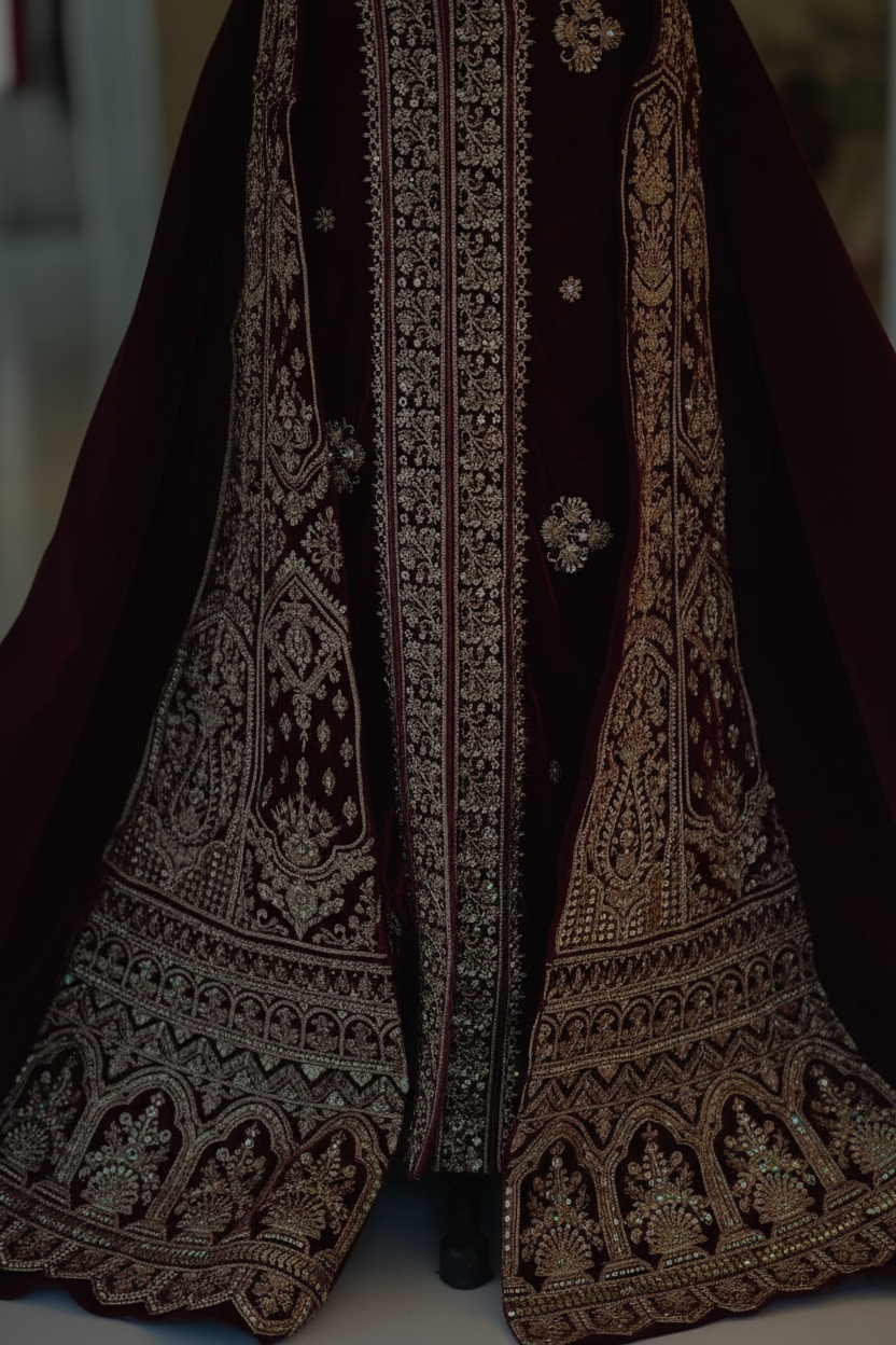 Close-up detail of intricate gold zardozi hand embroidery with paisley and arch motifs on burgundy velvet