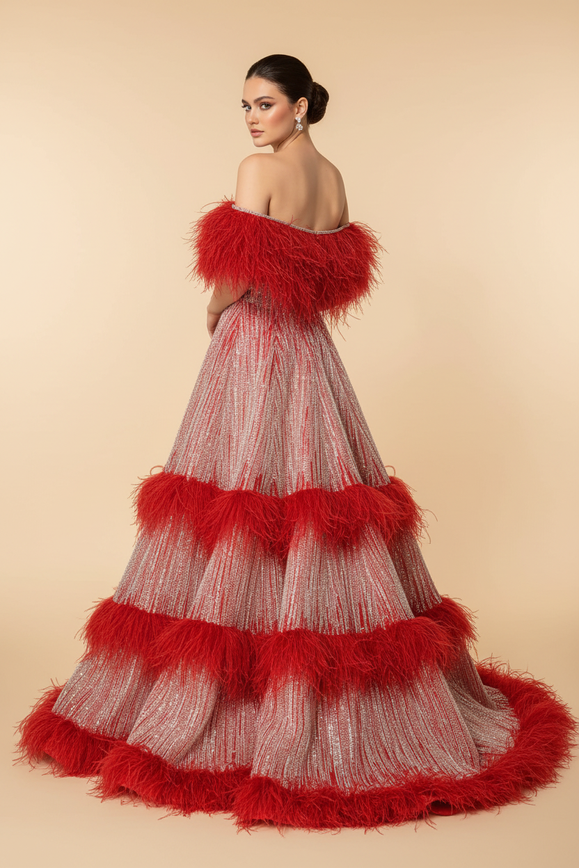 Back view of Turkish model in red feather ball gown looking over shoulder