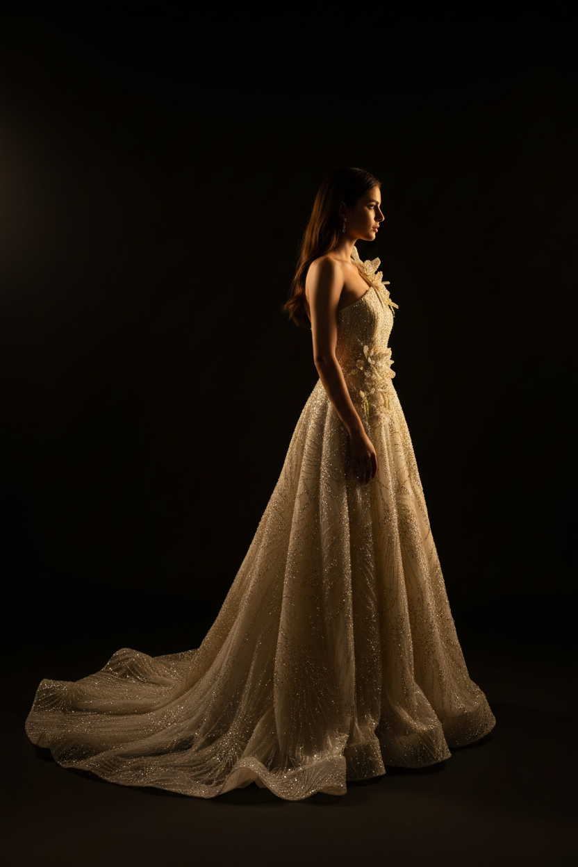 Crystal Celestial Couture Gown - side profile showing A-line silhouette