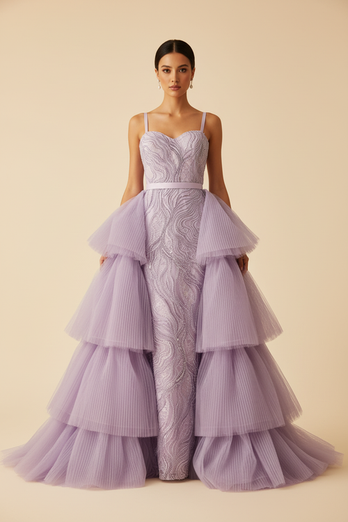 Turkish model wearing lavender beaded mermaid gown with tiered tulle overskirt, full length front view