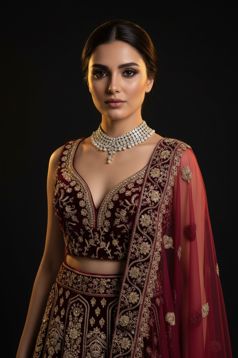 Bordo V yaka lehenga — bel üstü portre, zardozi bodice detayı