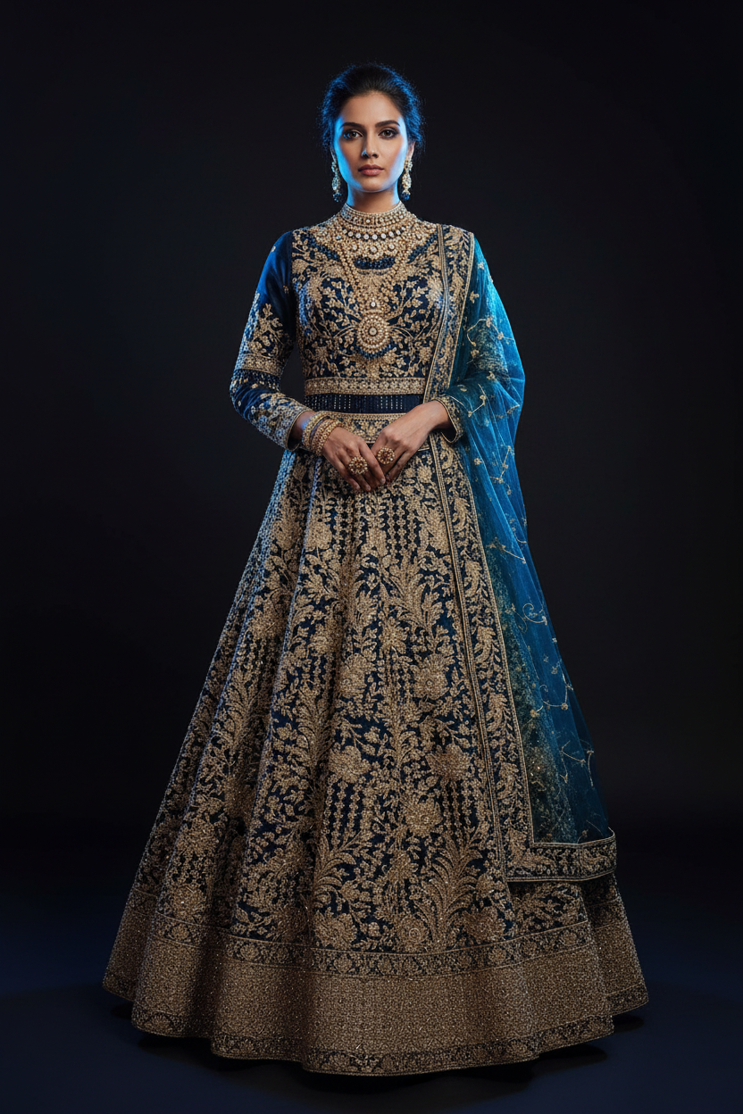 Lacivert bridal lehenga — sinematik ön çekim, Türk model, tam boy