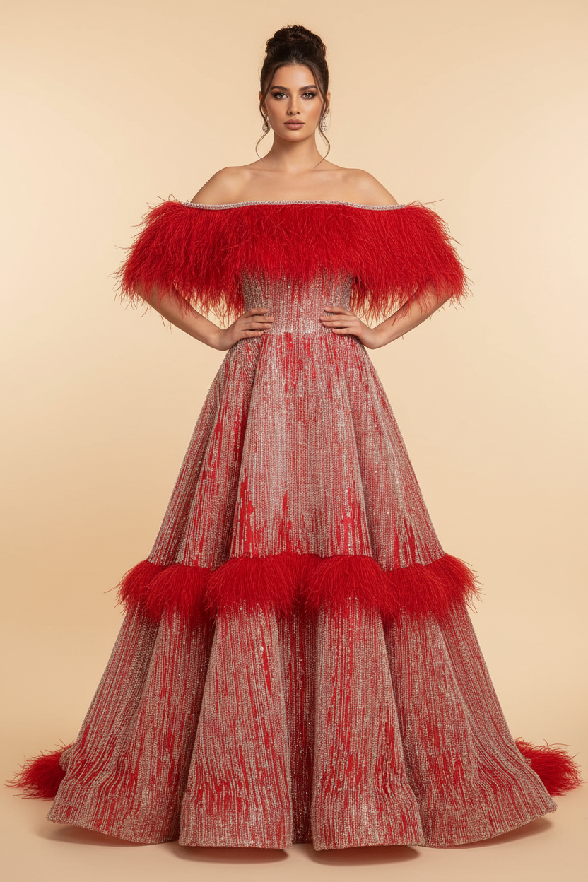 Turkish model wearing red ostrich feather and crystal fringe off-shoulder ball gown, full length front view