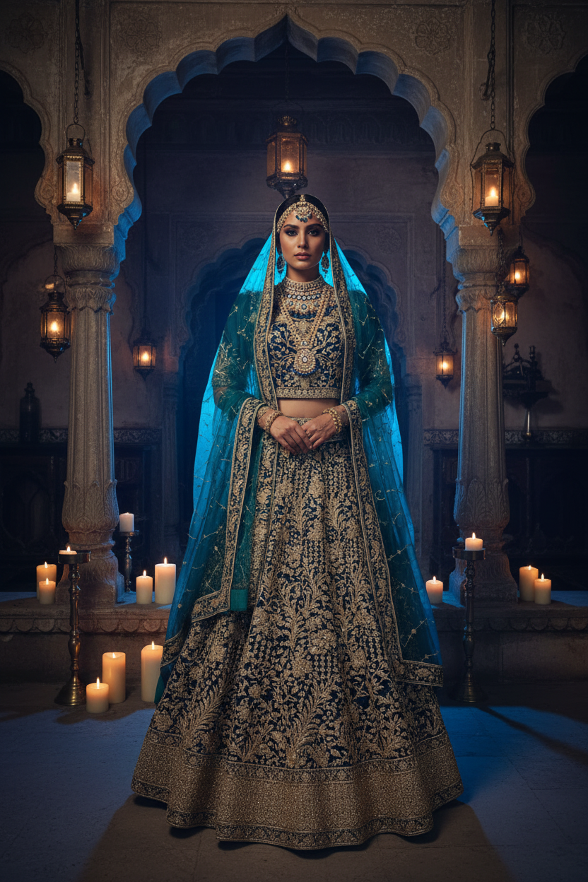 Lacivert Kraliyet Bridal Lehenga — Altın Zardozi