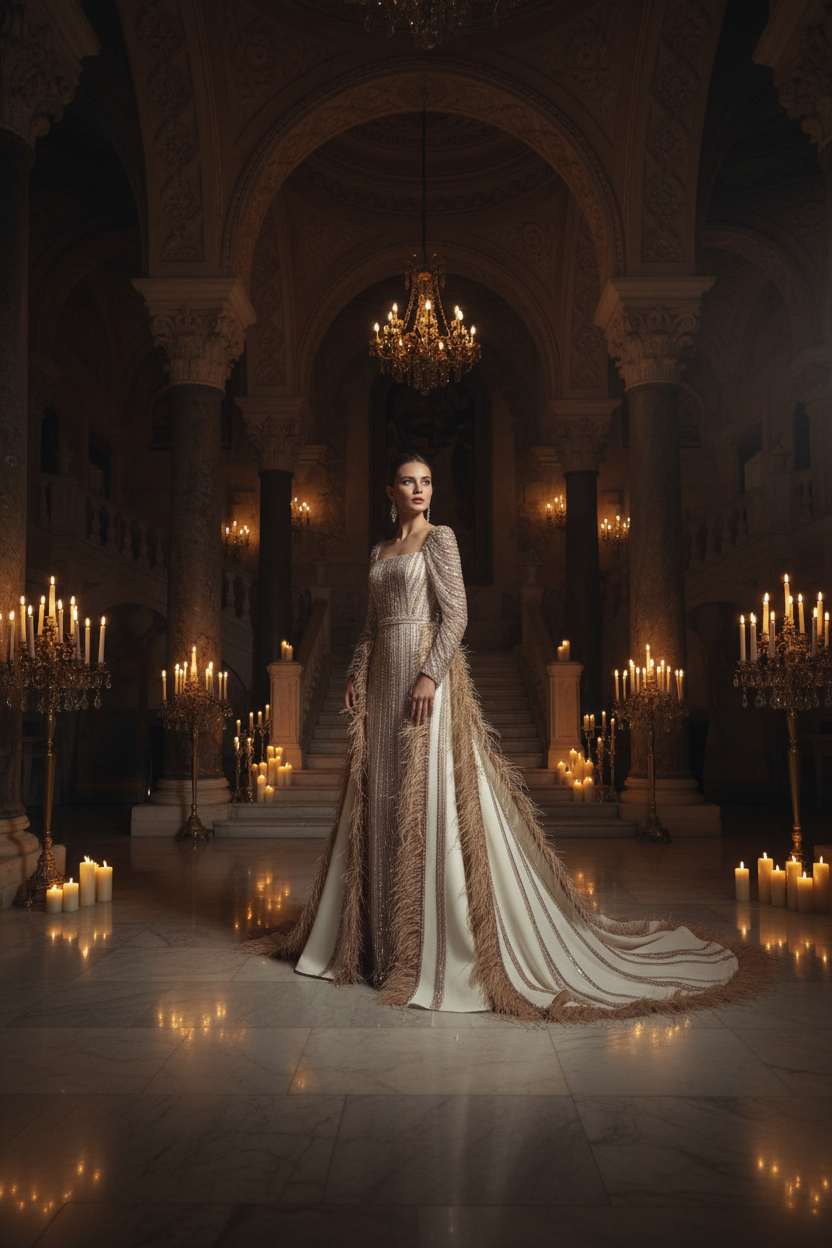 Altın tüy couture abiye — saray iç mekan sinematik çekim