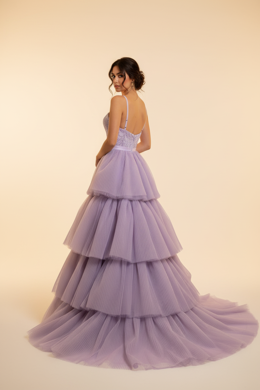 Back view of Turkish model in lavender beaded gown looking over shoulder