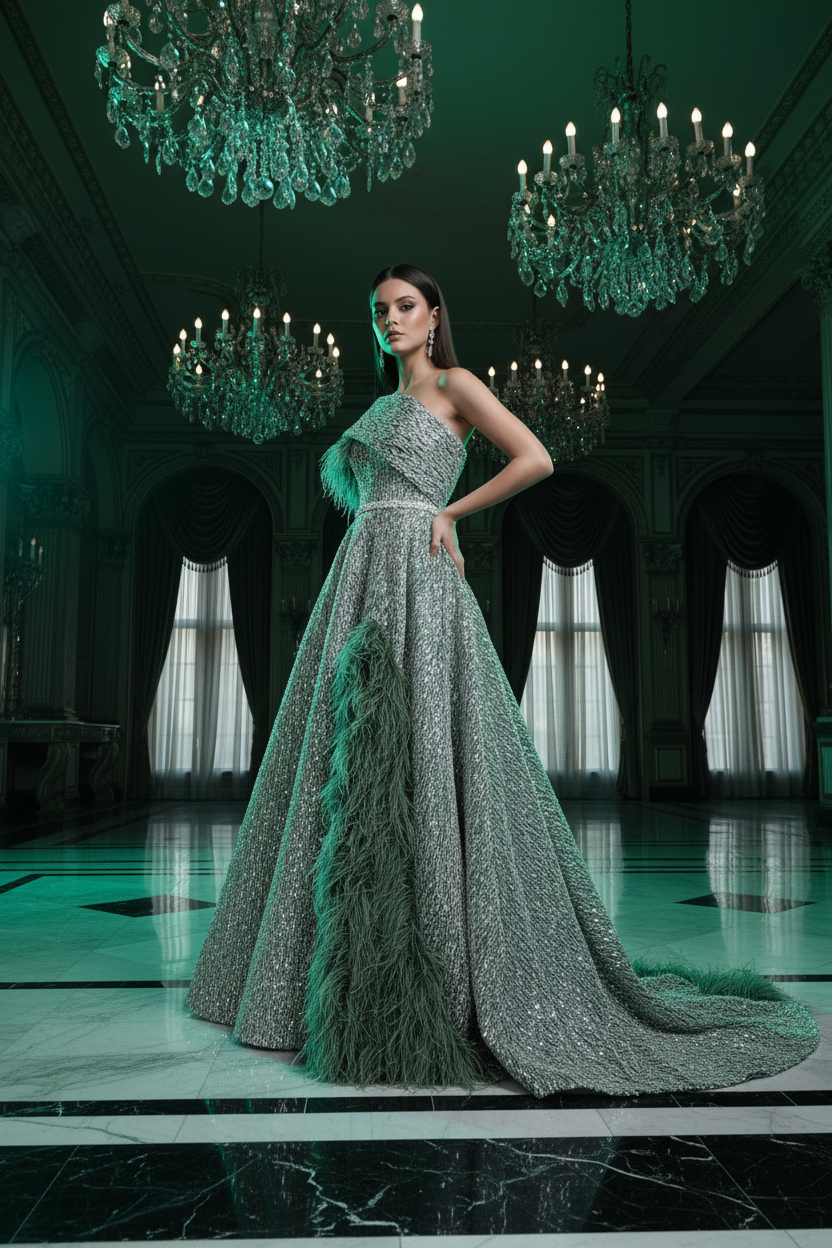 Adaçayı yeşili pul pul balo elbisesi — üç çeyrek açı, balo salonu sinematik çekim