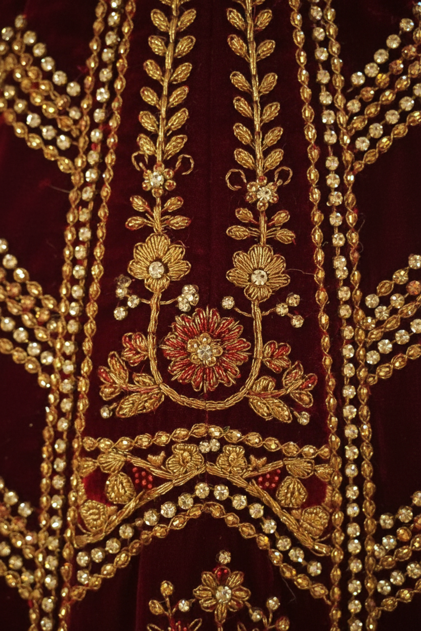 Bordo kadife lehenga — zardozi nakış ve kadife detay çekimi