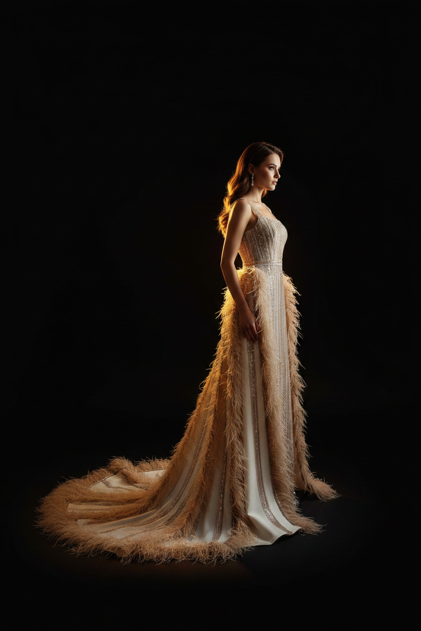 Altın tüy couture abiye — yan profil siluet