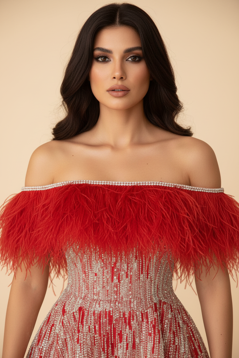 Close-up of red ostrich feather shoulders and crystal beaded neckline on ball gown
