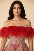 Close-up of red ostrich feather shoulders and crystal beaded neckline on ball gown