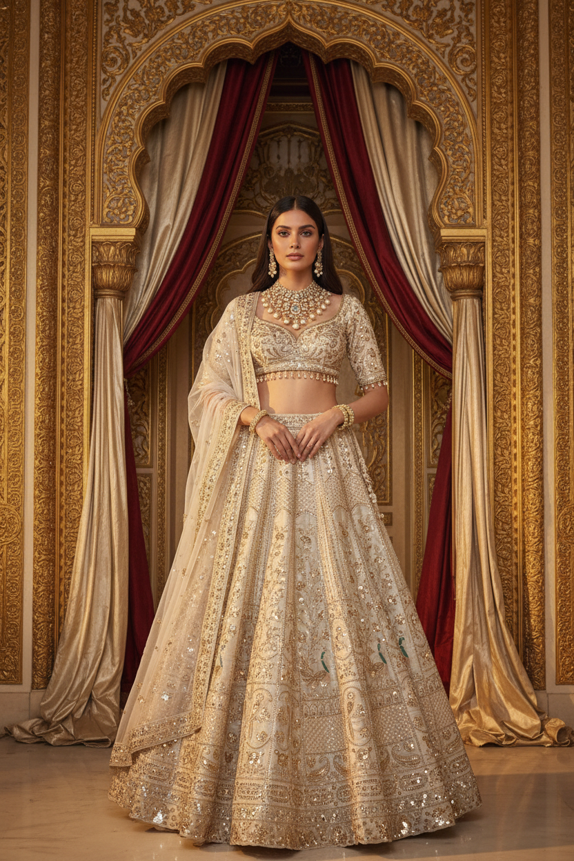 Fildiş Lehenga – Osmanlı Sarayı Tam Boy