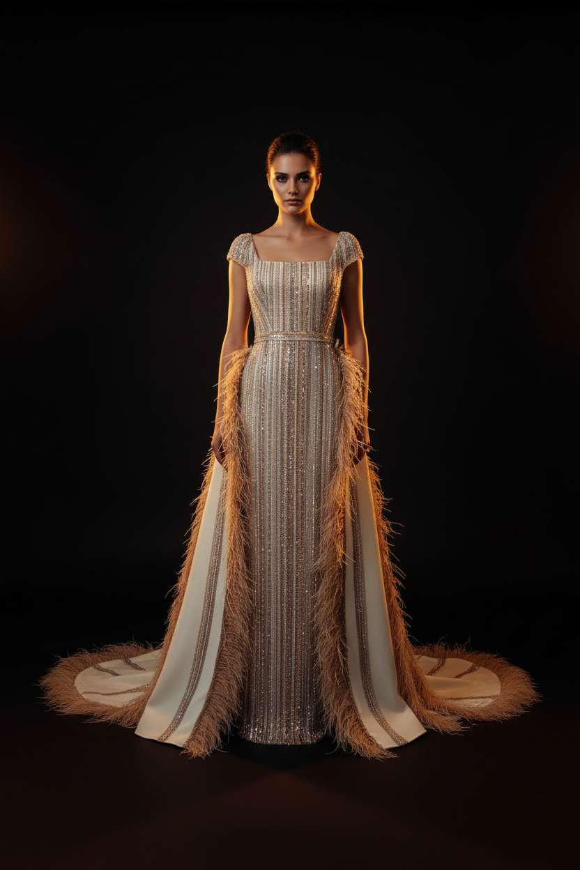 Altın tüy couture abiye — sinematik ön çekim, Türk model