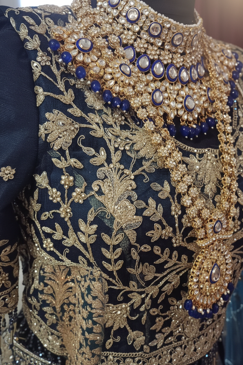 Lacivert Kraliyet Bridal Lehenga — Altın Zardozi
