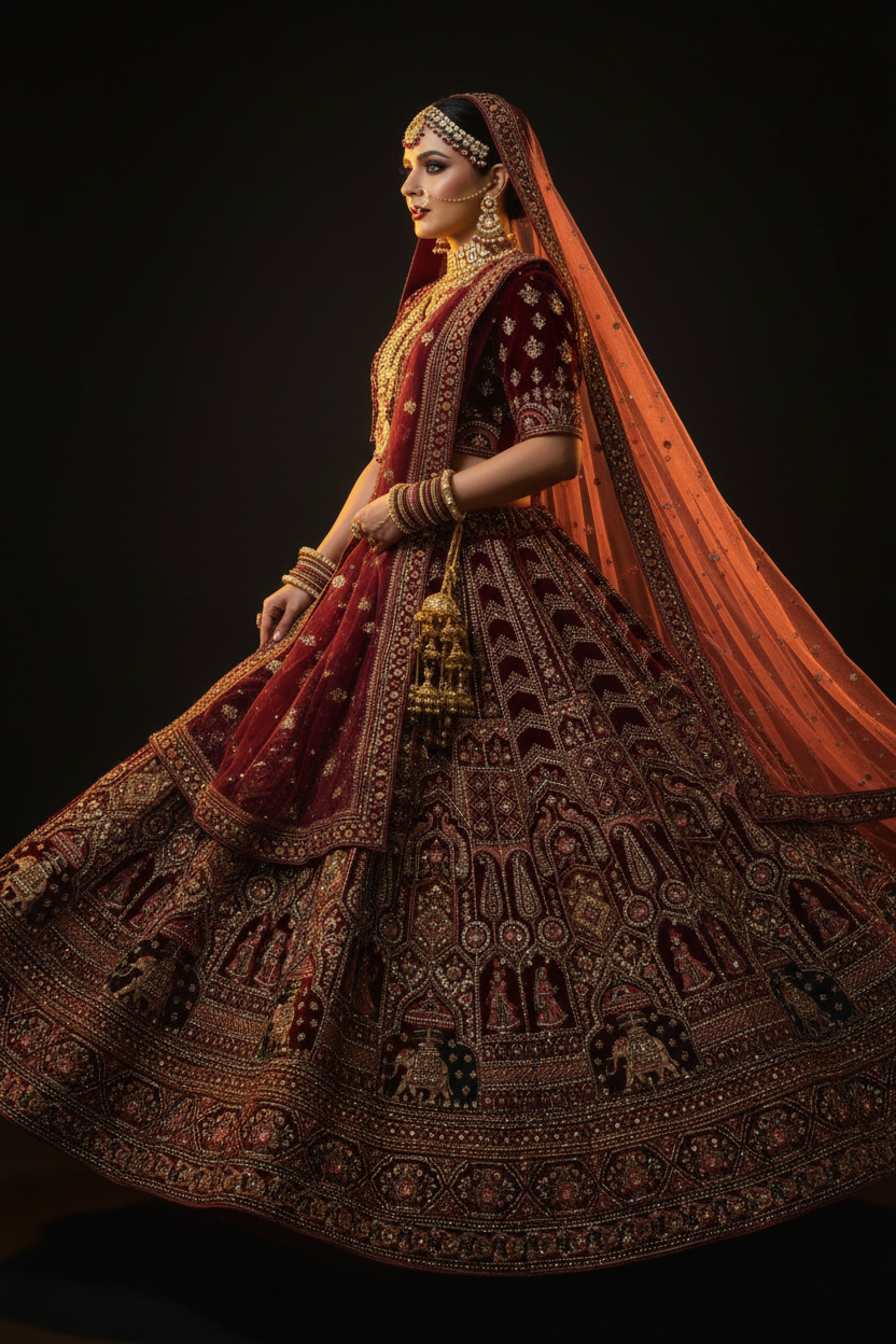 Bordo kadife lehenga — yan profil, volümlü etek silueti