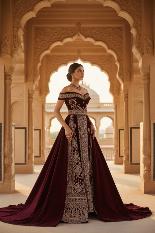 Three-quarter side view of model in burgundy velvet bridal gown showing full silhouette and plain velvet overskirt