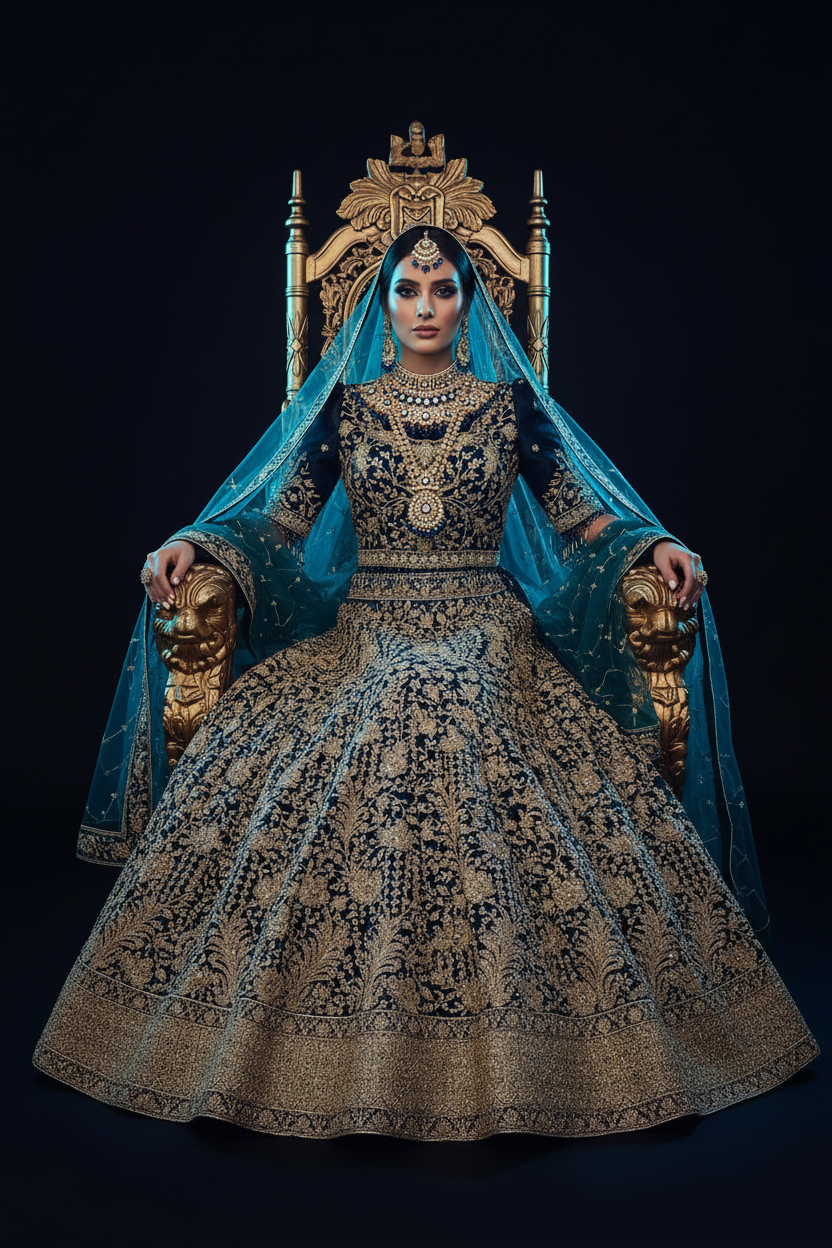 Lacivert Kraliyet Bridal Lehenga — Altın Zardozi