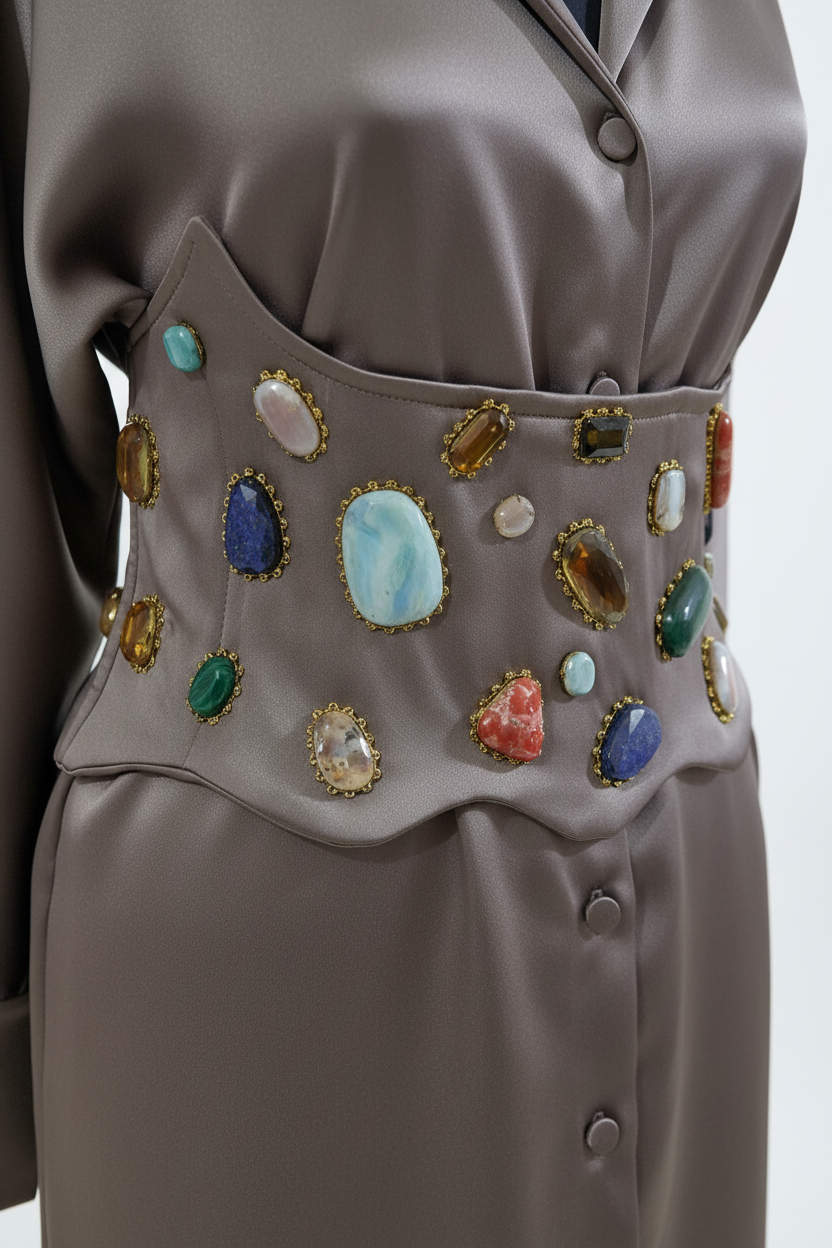 Close-up of colorful natural gemstones in gold bezels on corset belt