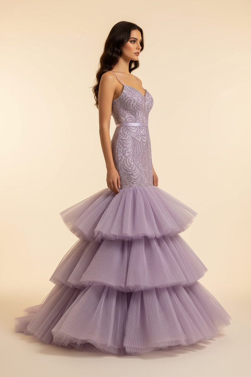 Three-quarter side view of Turkish model in lavender mermaid gown showing tiered tulle volume