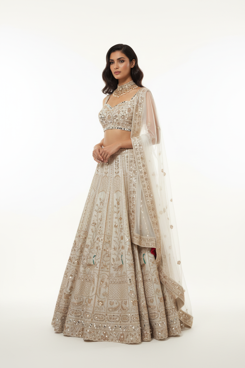 Fildiş Lehenga Seti – Türk Model Tam Boy Stüdyo
