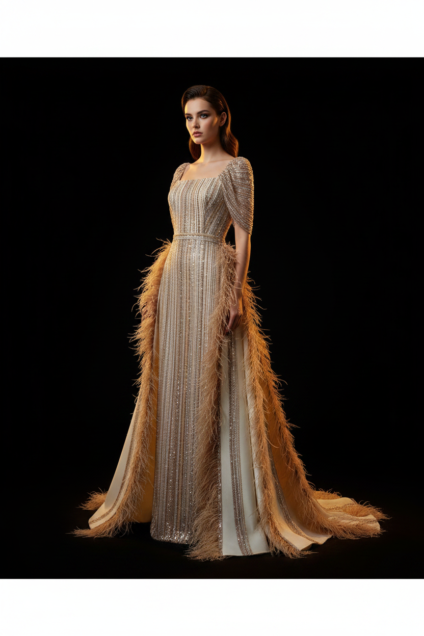 Altın tüy couture abiye — üç çeyrek ön açı