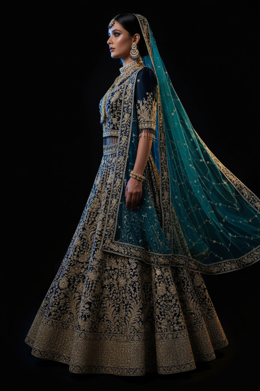 Lacivert bridal lehenga — yan profil, volümlü A-line siluet