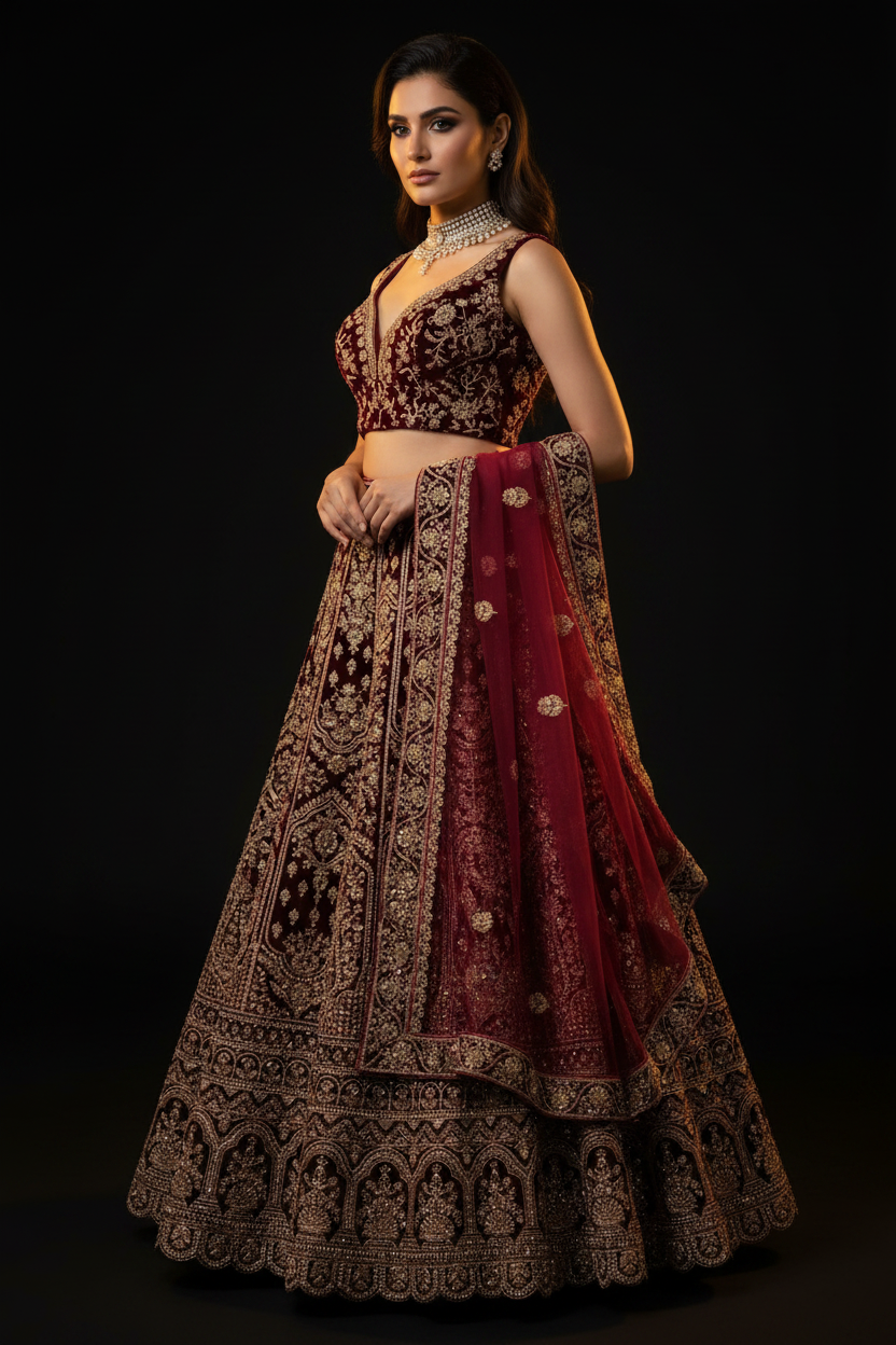Bordo V yaka lehenga — üç çeyrek açı, etek ve bodice