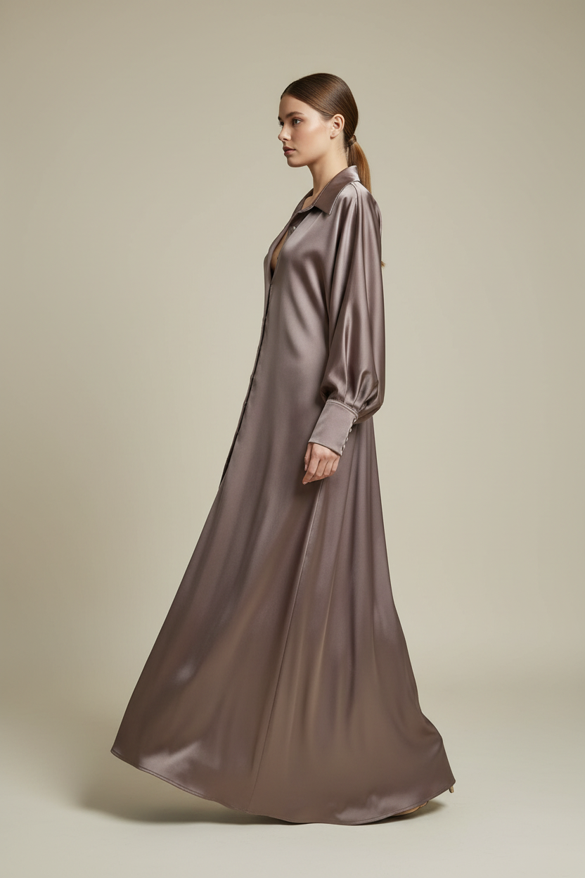 Side profile of taupe satin maxi dress showing full silhouette