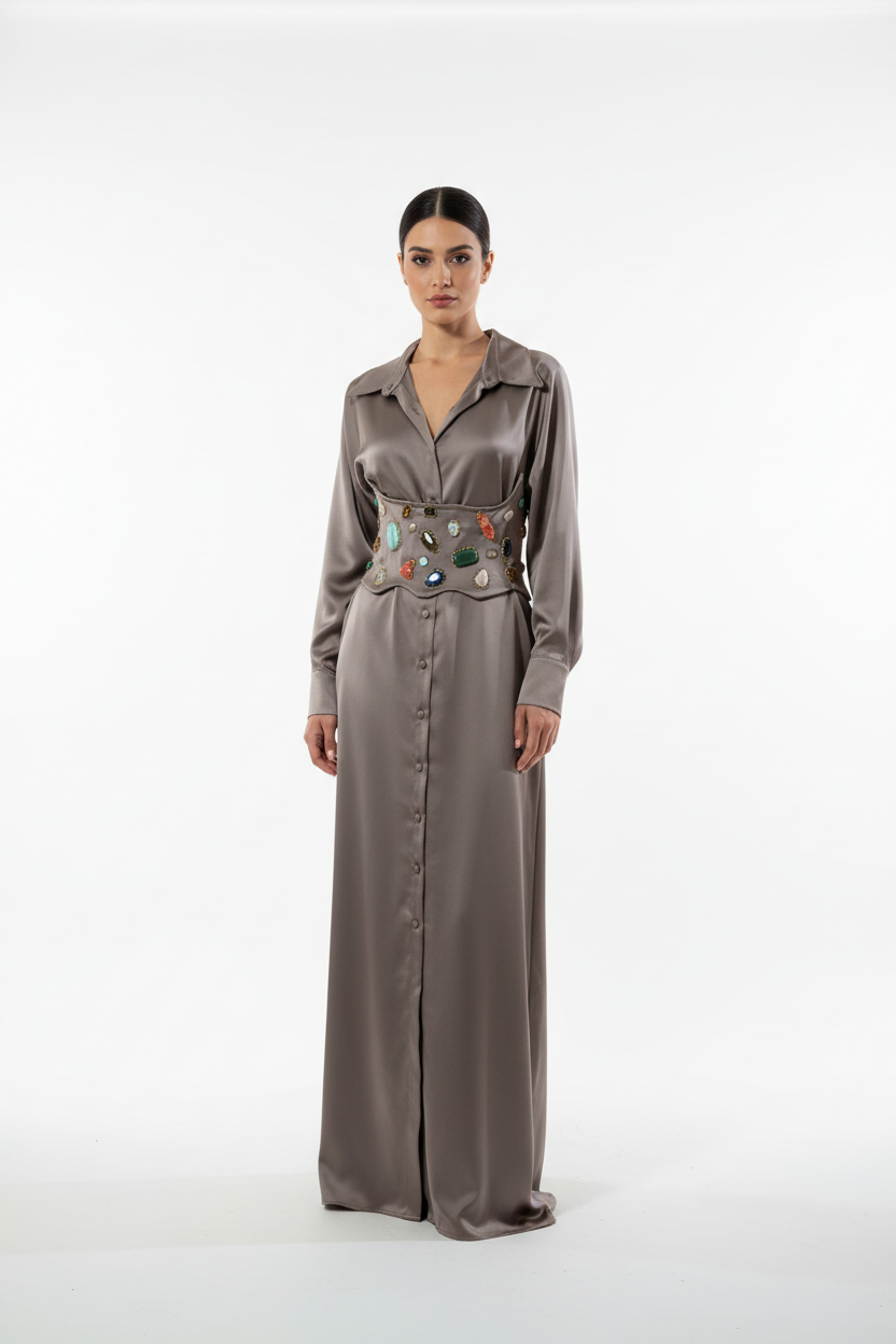 Full length taupe satin maxi shirt dress with gemstone corset belt
