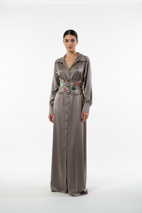 Full length taupe satin maxi shirt dress with gemstone corset belt
