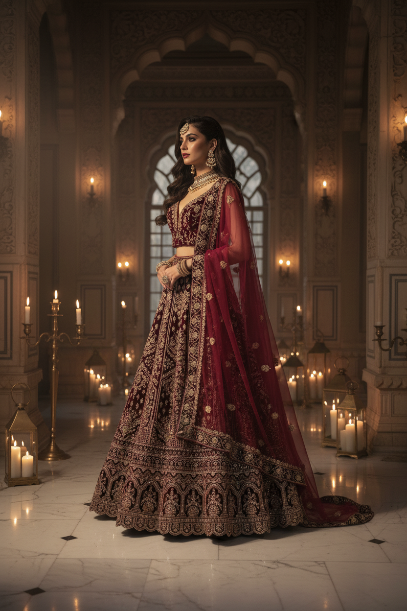 Bordo V yaka lehenga — yan profil, saray iç mekan sinematik çekim