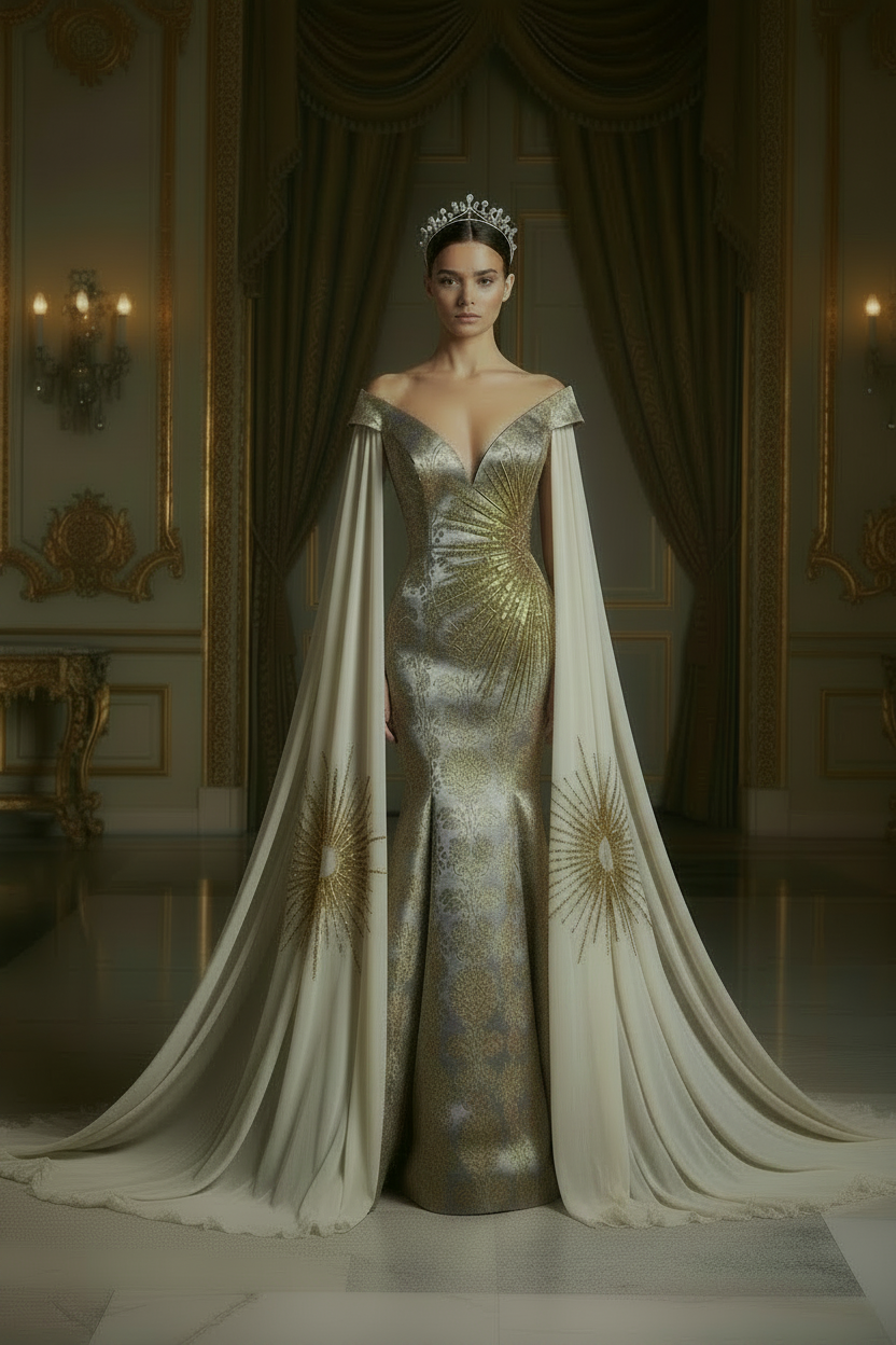 Kalça Hizasında Güneş Motifli Pelerinli Gown